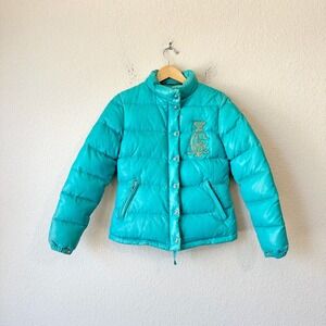 CHRISTIAN AUDIGIER Ed Hardy Puffer Coat Jacket in Teal Faux Leather